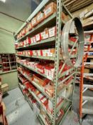 Shelving unit and contents inc rectifiers, relays, hoist parts, couplings, etc