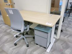 (3) Electric Riser Desks w/ (3) Office Chairs, (3) Underdesk 2-Drawer Cabinets