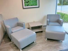 (2) Leatherbound Chairs w/ Ottomans, End Table