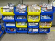 Lot of (22) Large Castered and Non Castered Stackable Arco Bins w/ Consumables