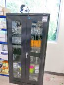 2-Door Glass Front Metal Cabinet w/ Contents