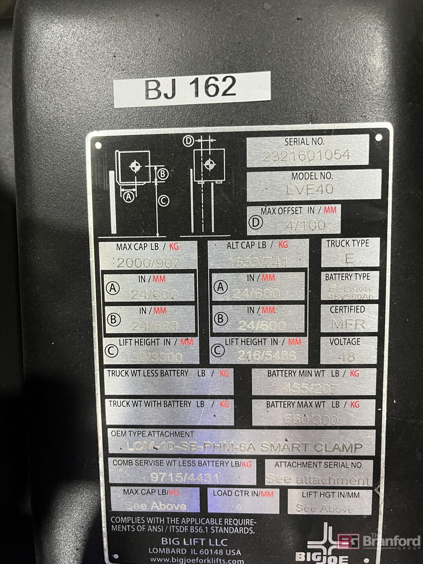 Big Joe 1-Ton Electric Fork Lift; Model: LVE-40 - Image 7 of 8