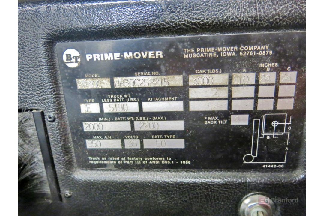 BT Prime Mover Model RR30C 3000-Lb Cap. Narrow Aisle Forklift - Image 4 of 8