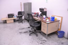 Lot-(2) Desks, Chairs, Refrigerator, Lockers, Microwave, and Coffee Maker