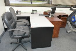 Lot-(3) Desks, (3) Chairs, and (1) File Cabinet, (Phones Not Included)
