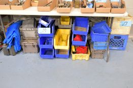 Lot-Plastic Parts Bins, Totes, Tarp, Etc. on Floor Under (1) Table