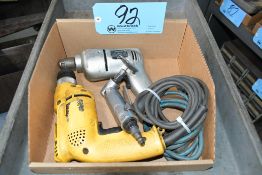 Lot-(1) DeWalt, (1) Shop Craft Electric Drills, and (1) Air Supreme Pneumatic Angle Die Grinder