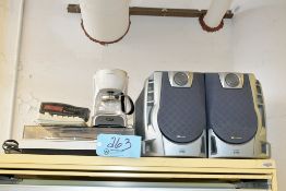 Lot-Speakers, Phonograph, Coffee Maker, Radio, Keyboard, Organizer Trays, and Coat Rack