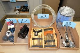 Lot-Plastic Magnetic Chip Guards, Driver Bit Set, Hole Saws, and Pump in (4) Boxes on (2) Shelves