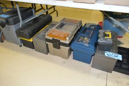 Lot-Various Tool Tote Boxes and Plastic Totes Under (2) Tables
