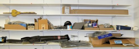 Lot-Various Car Parts, Accessories, Signs, Books, Etc. on (3) Shelves and Wall Prints on (3) Walls