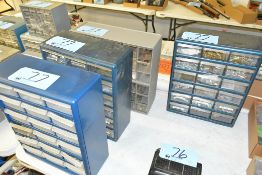 Lot-(4) Various Bin Drawer Organizer Cabinets with Nuts, Bolts, Washers, Eye Screws, Etc. Contents