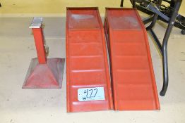 Lot-(2) Car Ramps and (1) Adjustable Jack Stand Under (1) Table