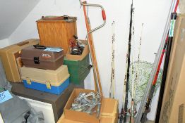 Lot-Various Fishing Poles, Net, and Accessories Including Multiple Boxes of Lures