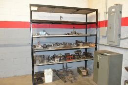 Lot-Various Alloy Metal Cutoff Stock, Dies, etc. with (1) Rack and Short 2-Door Cabinet