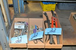 Lot-Various Clamps, Bungee Cords, Pry Bars, and Shear in (3) Boxes Under (1) Bench