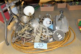 Lot-Various Extension Cords, Power Strips and Lights Under (1) Table
