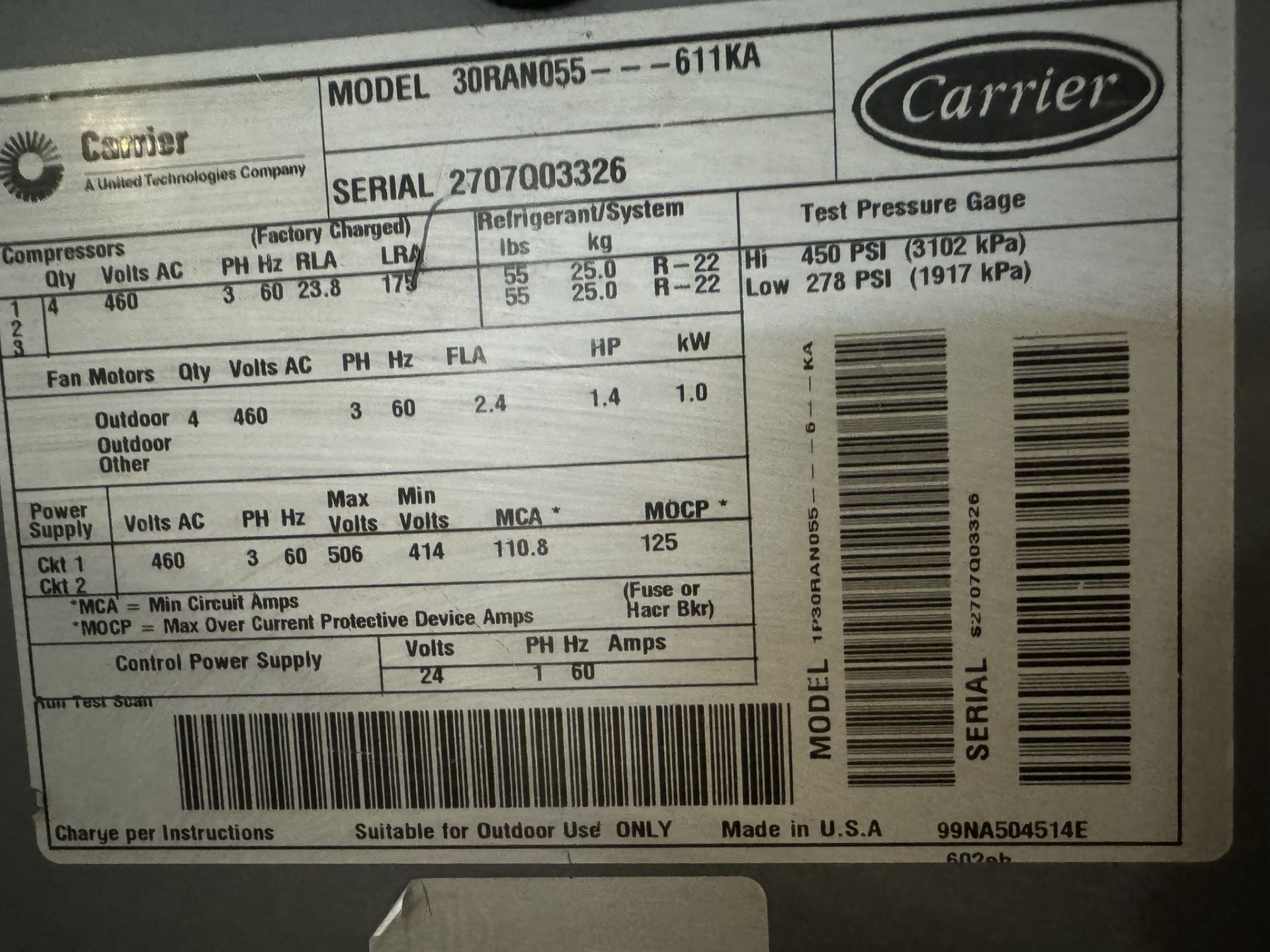 Carrier Chiller, Model 30RAN055---611KA - Image 3 of 3
