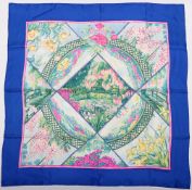 Vintage Hermes Giverny 100% silk scarf in Blue/Green/Pink