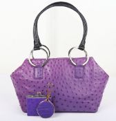 William & Son Purple Ostrich Leather Shoulder Bag
with Vanity Accessories - Including mirror and coi