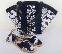 Escada Hawaiian print blue and white bag and espadrille set