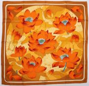 Vintage Hermes Fleurs de Lotus 100% silf scarf in Orange/Bronze/Multi