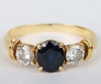 Sapphire & Diamond Claw/Gallery-set Trilogy Yellow Metal Ring 