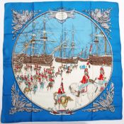 Vintage Hermes Marine et Cavalerie 100% silk scarf in Blue/White/Multi - 1984 Issue
