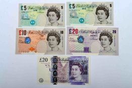 British, Bank of England, Lowther & Bailey, Five Pounds (2), Ten Pounds, Twenty Pounds (2)