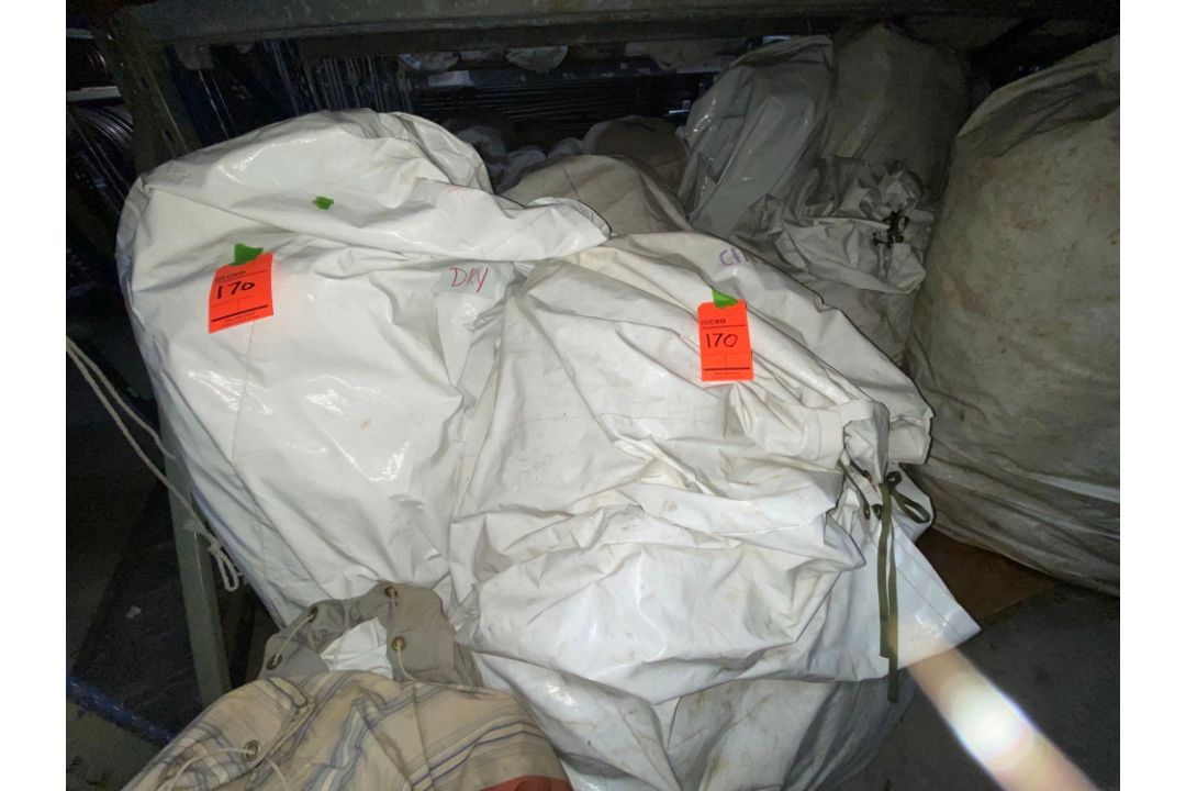 60ft X 90ft White High Peak tent, with (2) 29ft aluminum centers (30) 8ft side poles, (34) stakes - Image 1 of 3