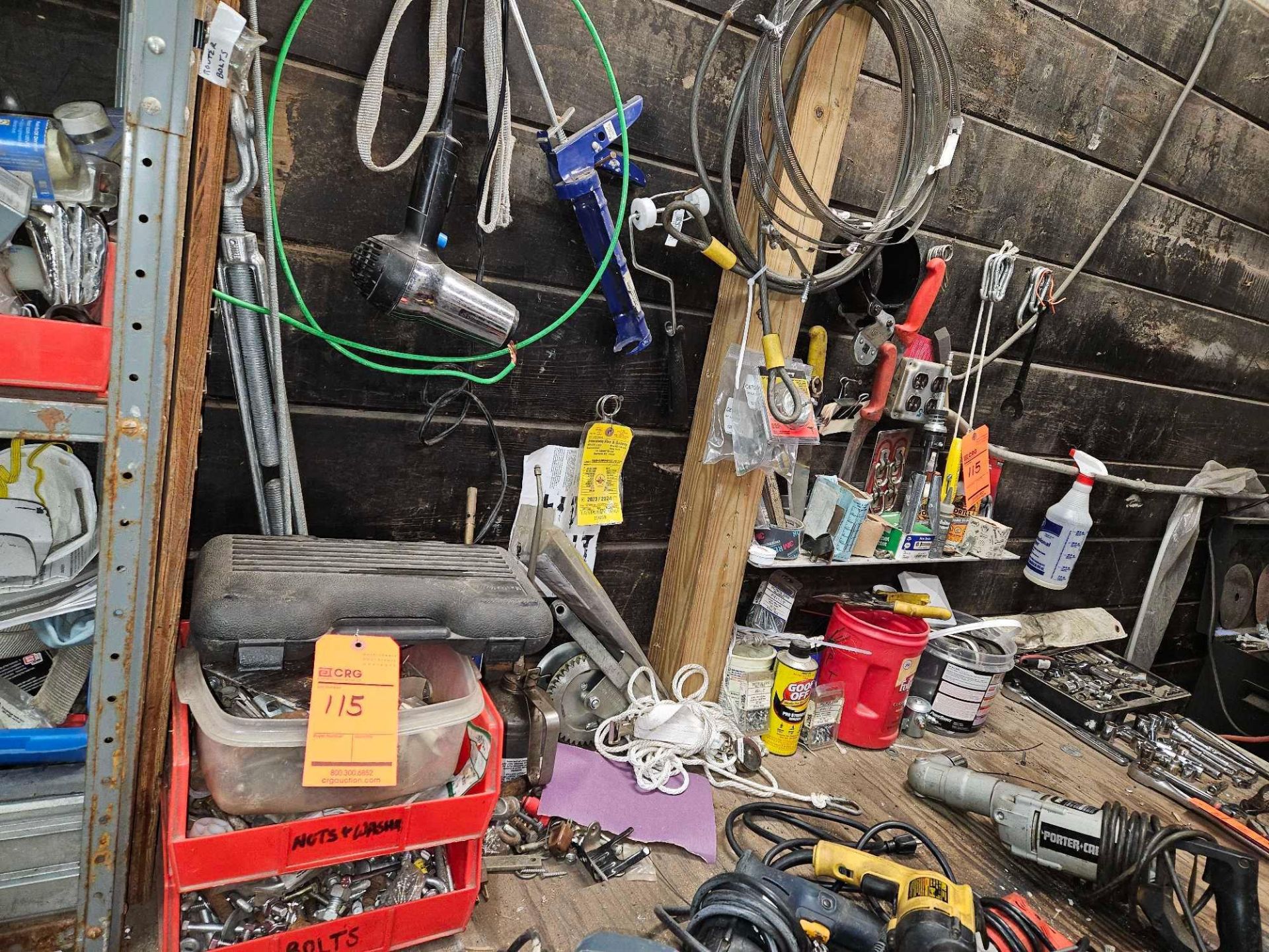Lot of assorted screws, bolts, cutting knives, surface anchors, contents of items on wall and - Image 2 of 6