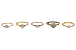 A COLLECTION OF FIVE SINGLE-STONE DIAMOND RINGS