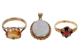 TWO RINGS AND AN OPAL PENDANT