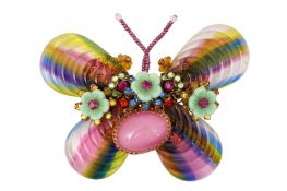 A STANLEY HAGLER MULTI COLUR GLASS WINGS BUTTERFLY BROOCH