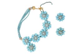 A STANLEY HAGLER BLUE FLOWERS NECKLACE AND CLIP EARRINGS SUITE