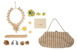 A GROUP OF COSTUME JEWELLERY AND A BEAD-WORK CLUTCH BAG