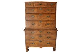 A FINE QUALITY GEORGE I PERIOD BURR WALNUT FEATHER BANDED CHEST ON CHEST BY WILLIAM OLD & JOHN ODY