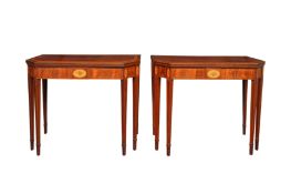 A PAIR OF EDWARDIAN GEORGE III STYLE MAHOGANY AND SATINWOOD INLAID CARD TABLES
