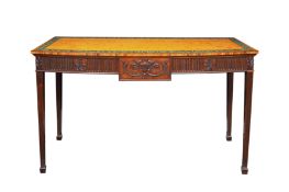 A LATE VICTORIAN SHERATON REVIVAL MAHOGANY AND SATIN BIRCH BOW FRONT SIDE TABLE