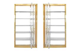 A PAIR OF BRASS AND CHROME SHELVING UNITS