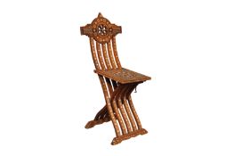 A SYRIAN BONE INLAID HARDWOOD FOLDING CHAIR CIRCA 1880