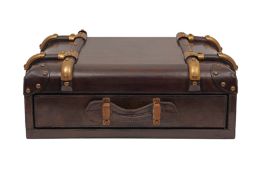 A CONTEMPORARY LUGGAGE STYLE BROWN LEATHER TABLETOP CHEST