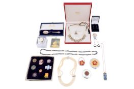A GROUP OF BADGES, A SILVER SPOON, COSTUME JEWELLERY AND WATCHES