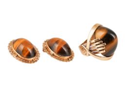 TIGER'S-EYE RING AND EARRING SUITE