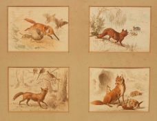 RHM/Vignettes of Foxes and Hounds/eight hand coloured prints, framed as two, 10.5cm x 14.5cm