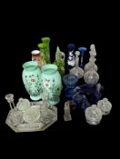 A pair of mint green milk glasses vases decorated