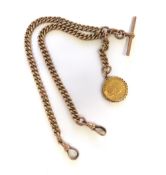 A 9ct rose gold Albert chain with T-bar and two sw