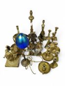 A converted brass lamp base, with three females in