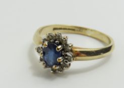 A 9ct gold sapphire and diamond cluster ring, fing