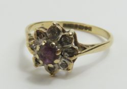 A 9ct gold amethyst and diamond cluster ring, fing